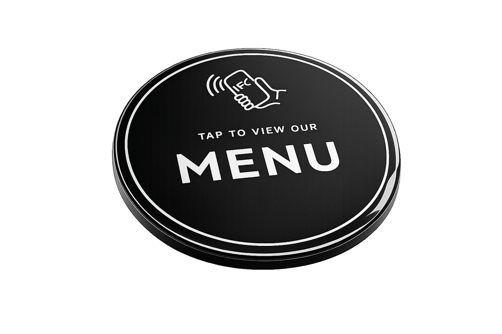 Disco NFC de Tap for it en perspectiva, con el texto Tap to view our menu para abrir la carta digital