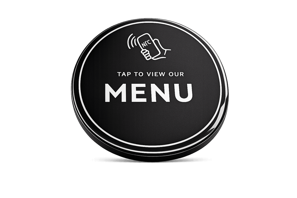 Disco NFC de Tap for it con el texto Tap to view our menu para abrir la carta digital del restaurante
