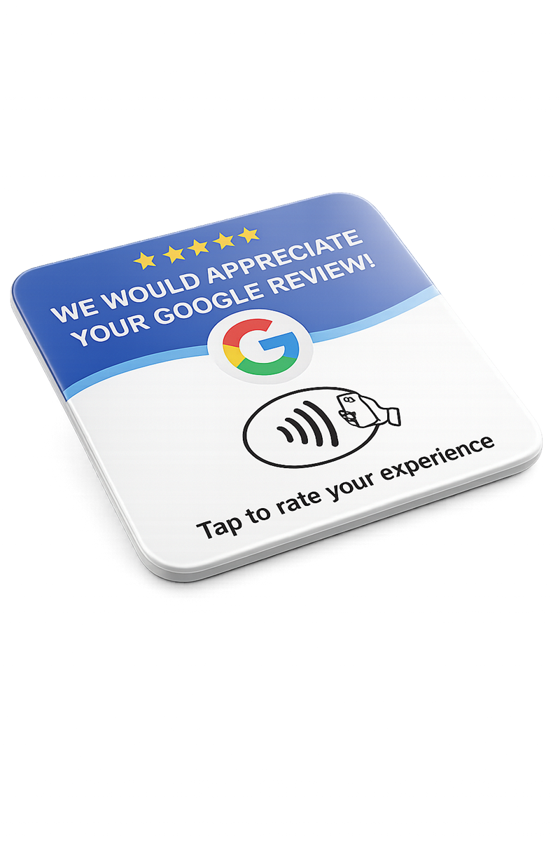 Tarjeta NFC Tap for it, vista inclinada, lista para colocar en el mostrador